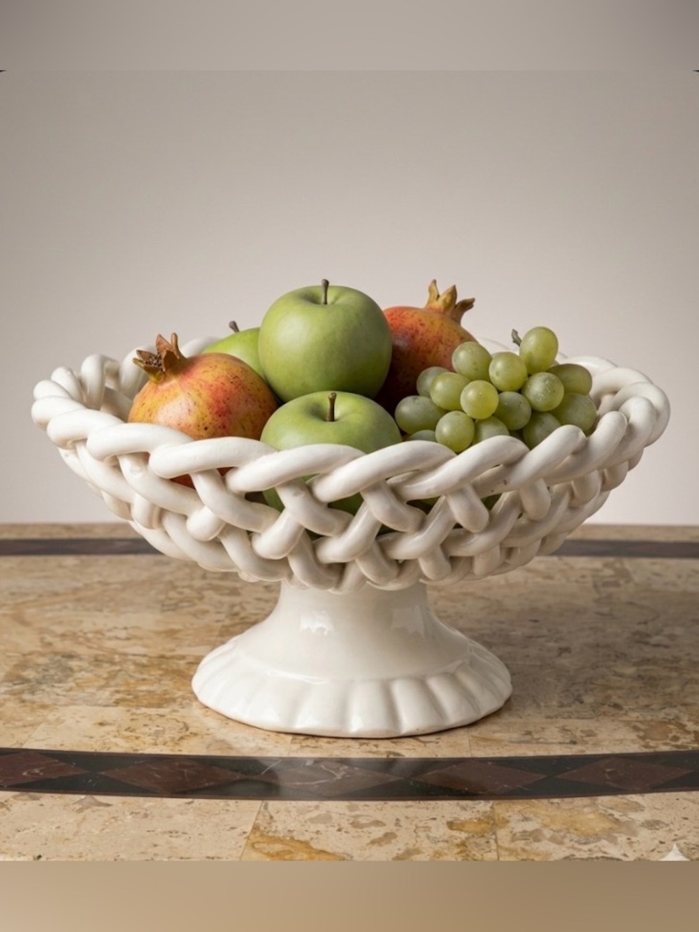 Vintage Woven Ceramic Pedestal Bowl - White